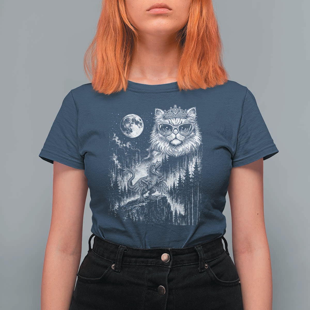 Vintage Geek Princess Cat T Shirt For Women Full Moon Engraving Art Gift