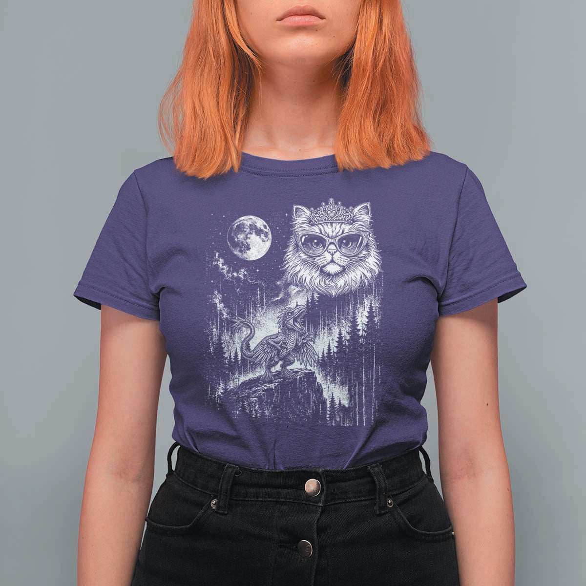 Vintage Geek Princess Cat T Shirt For Women Full Moon Engraving Art Gift