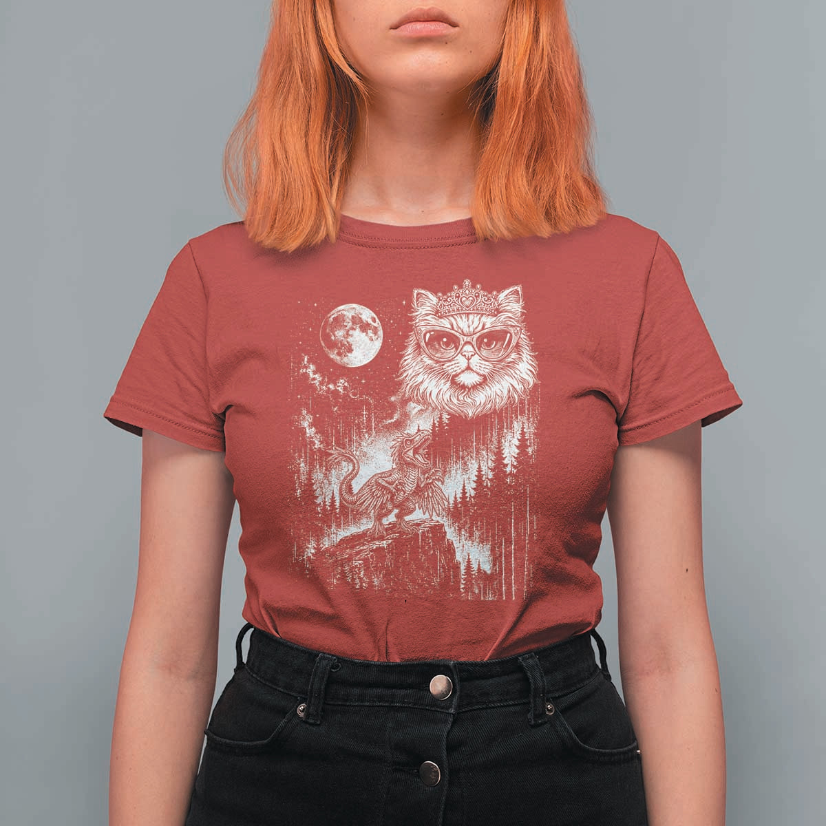 Vintage Geek Princess Cat T Shirt For Women Full Moon Engraving Art Gift