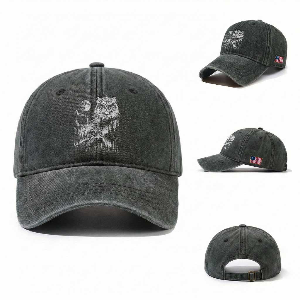 Vintage Geek Princess Cat Washed Cotton Baseball Cap Full Moon Engraving Art Gift
