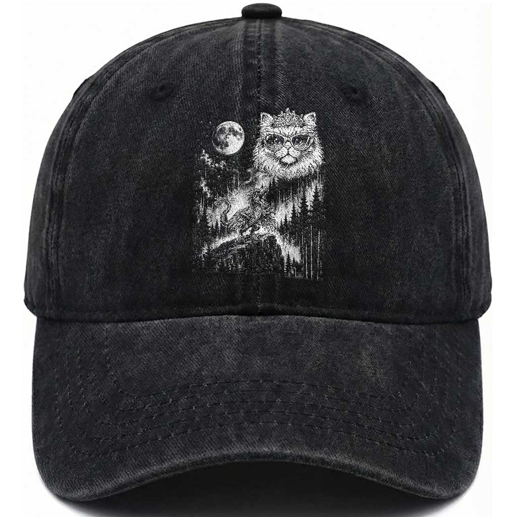 Vintage Geek Princess Cat Washed Cotton Baseball Cap Full Moon Engraving Art Gift