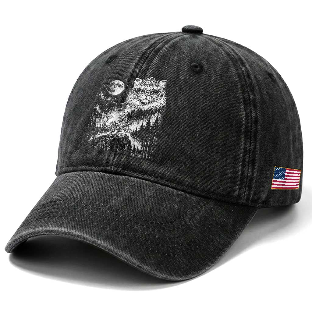 Vintage Geek Princess Cat Washed Cotton Baseball Cap Full Moon Engraving Art Gift