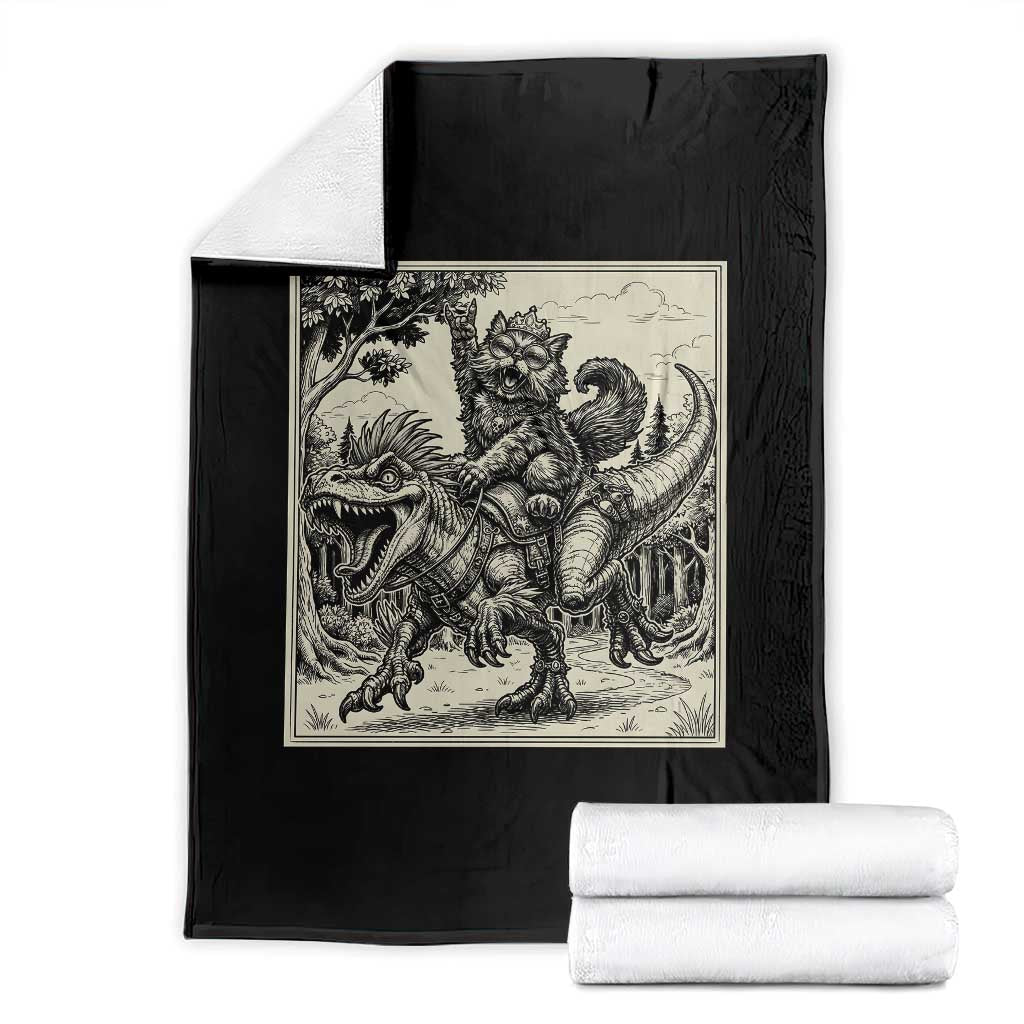 Cool Royal Cat Riding Dinosaur Throw Blanket Rock N Roll Engraving Graphic Art
