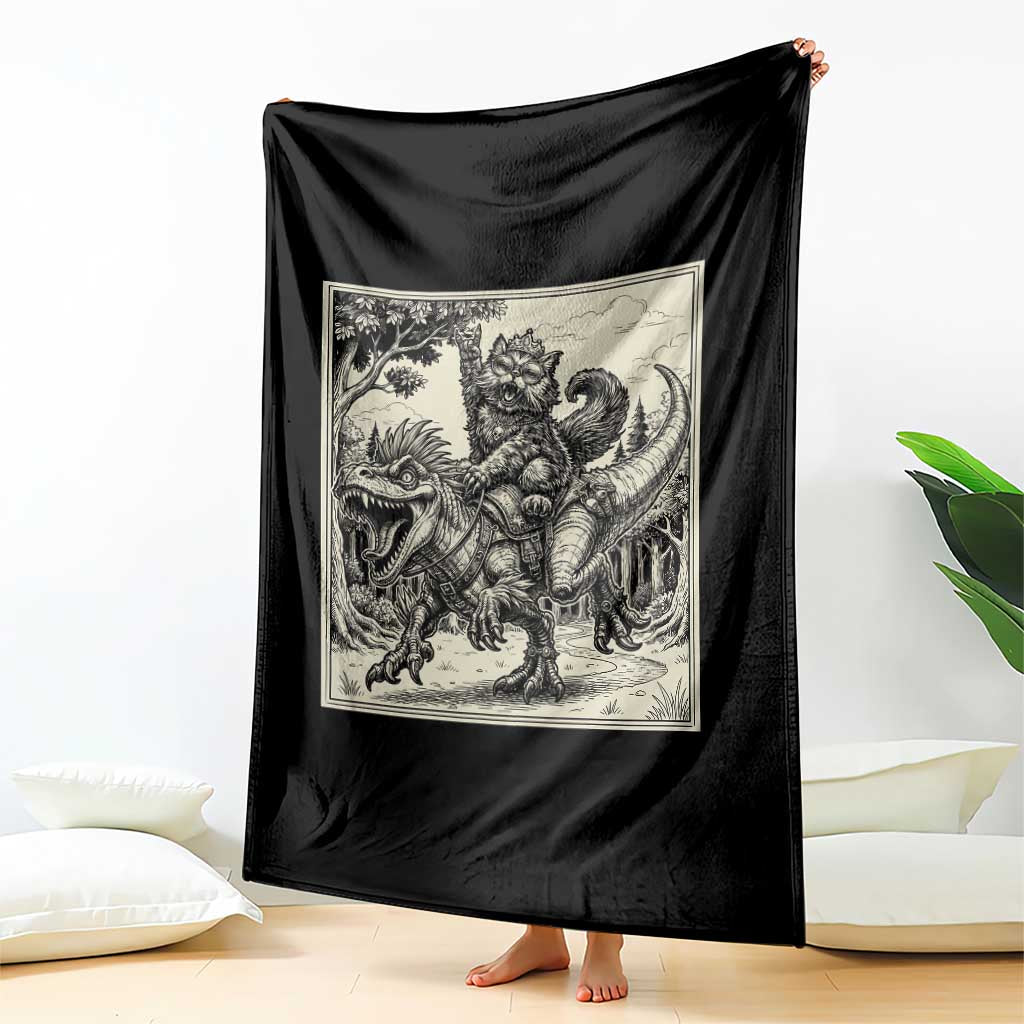 Cool Royal Cat Riding Dinosaur Throw Blanket Rock N Roll Engraving Graphic Art