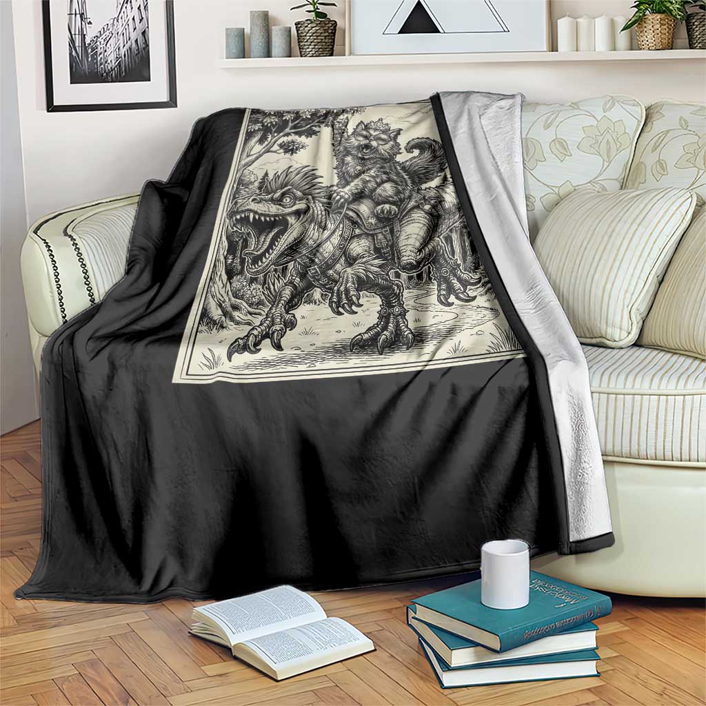 Cool Royal Cat Riding Dinosaur Throw Blanket Rock N Roll Engraving Graphic Art