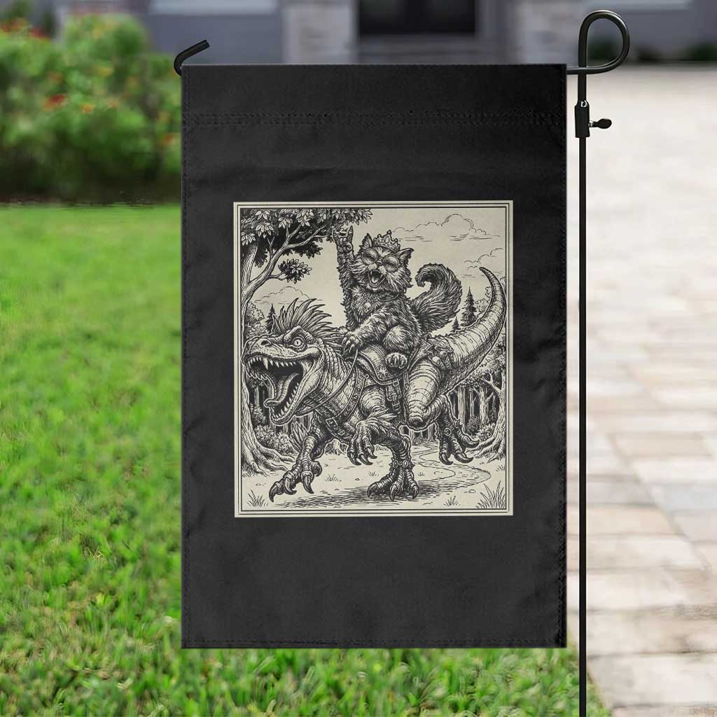 Cool Royal Cat Riding Dinosaur Garden Flag Rock N Roll Engraving Graphic Art
