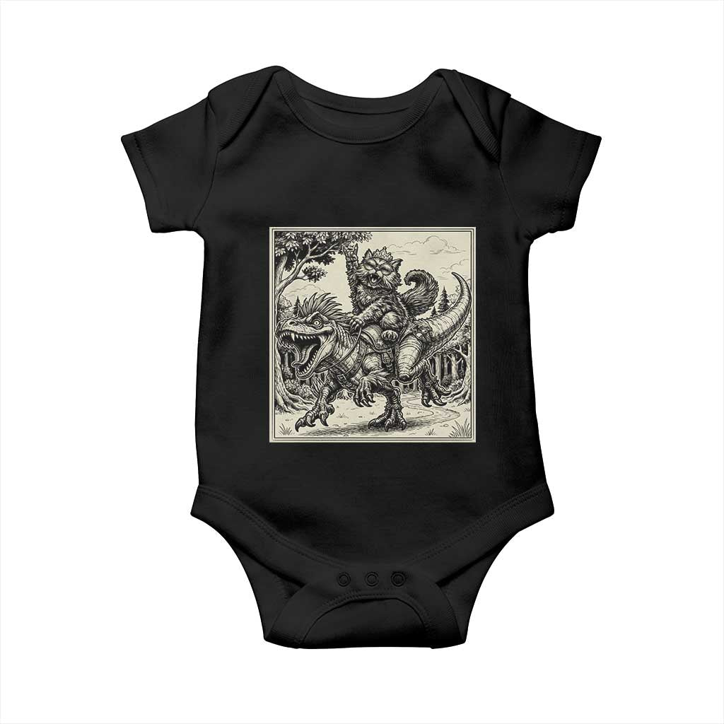 Cool Royal Cat Riding Dinosaur Baby Onesie Rock N Roll Engraving Graphic Art