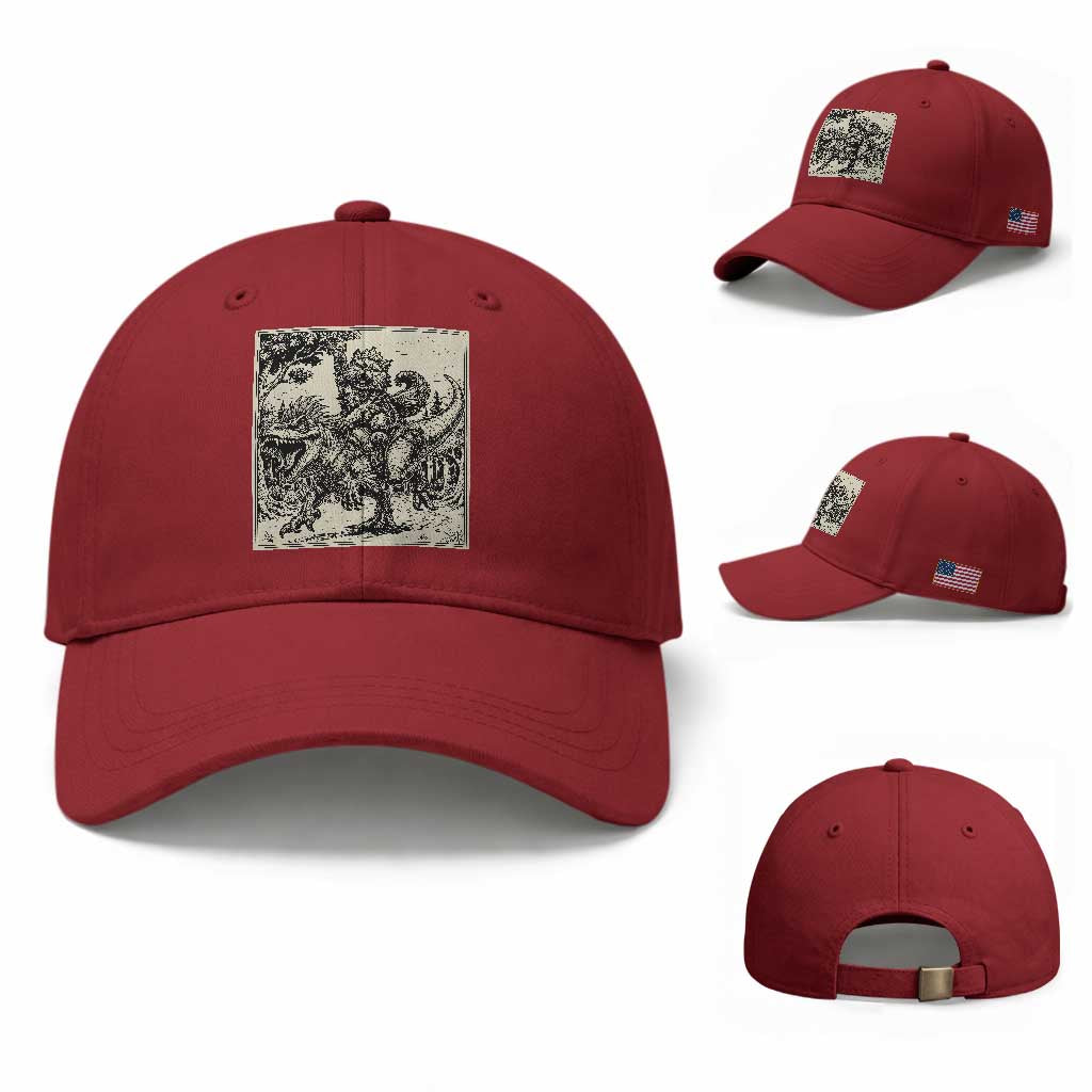 Cool Royal Cat Riding Dinosaur Baseball Cap Rock N Roll Engraving Graphic Art