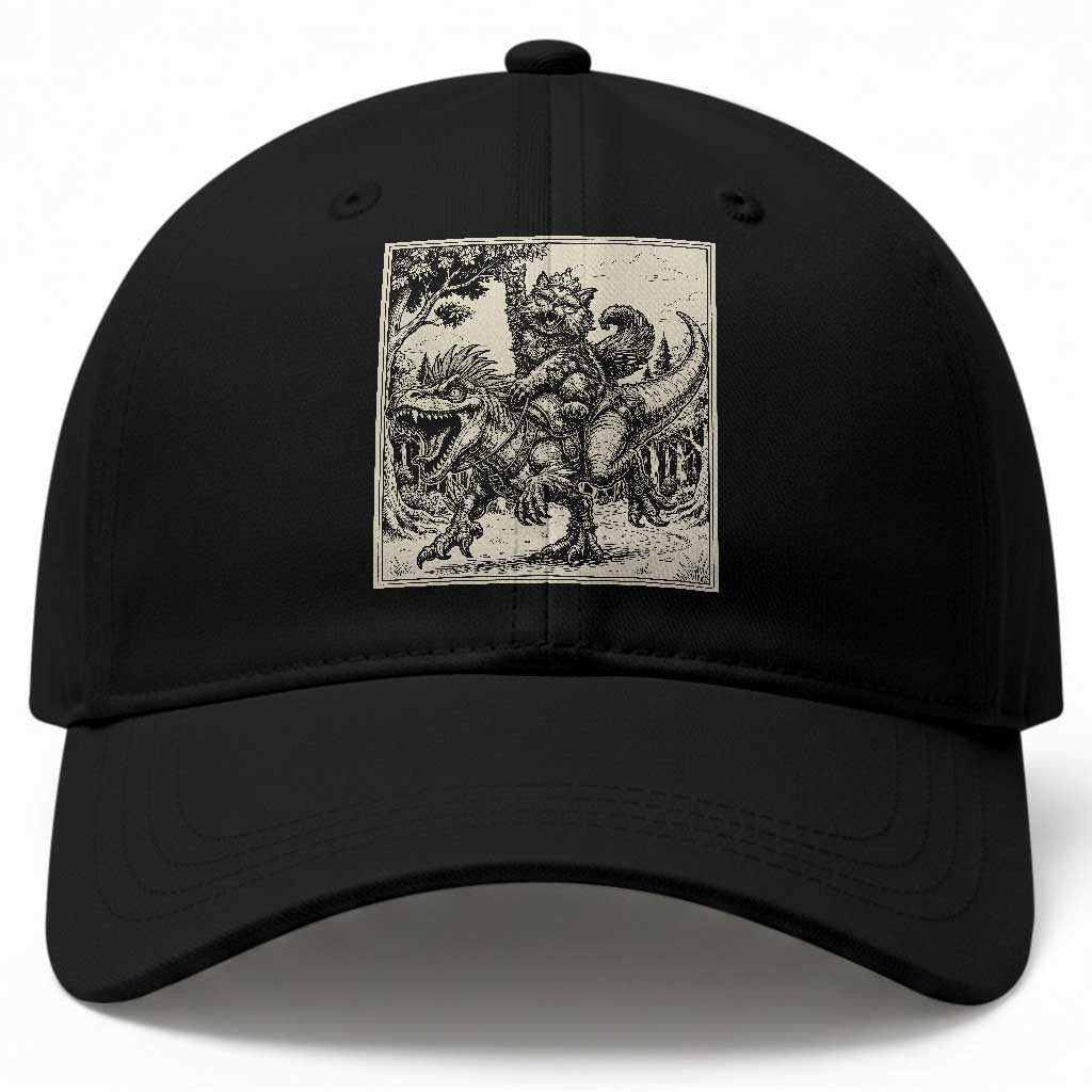 Cool Royal Cat Riding Dinosaur Baseball Cap Rock N Roll Engraving Graphic Art