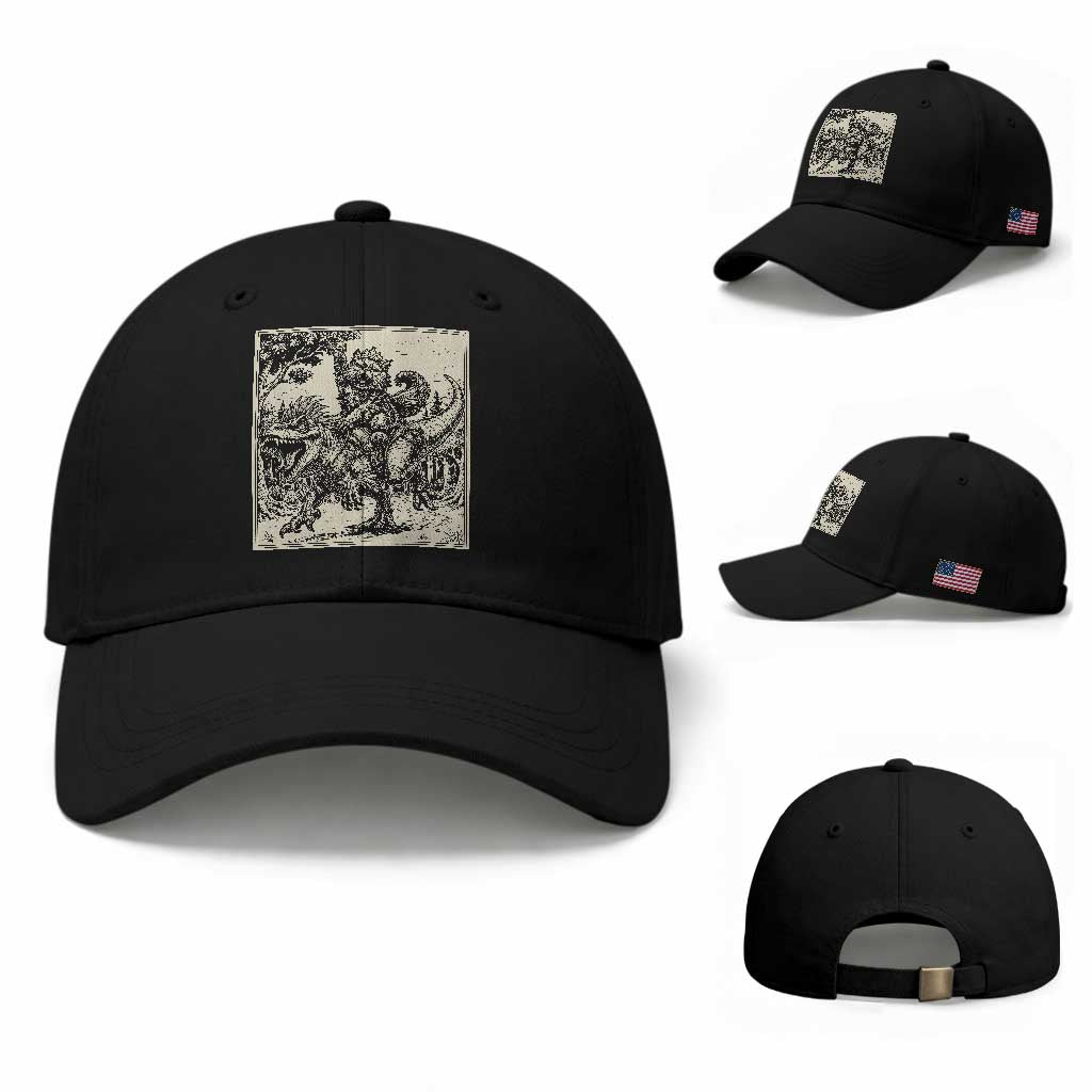 Cool Royal Cat Riding Dinosaur Baseball Cap Rock N Roll Engraving Graphic Art