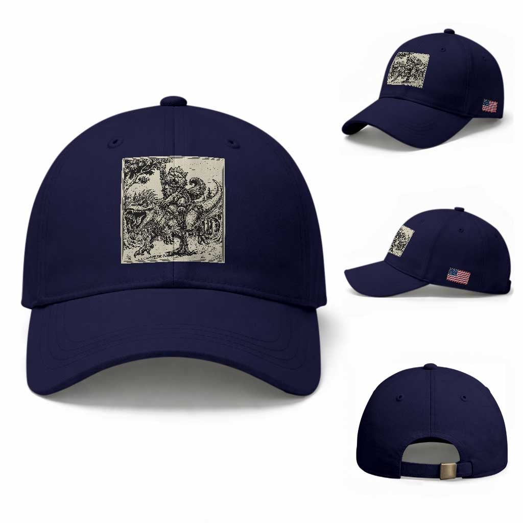 Cool Royal Cat Riding Dinosaur Baseball Cap Rock N Roll Engraving Graphic Art