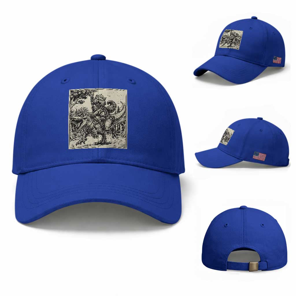 Cool Royal Cat Riding Dinosaur Baseball Cap Rock N Roll Engraving Graphic Art