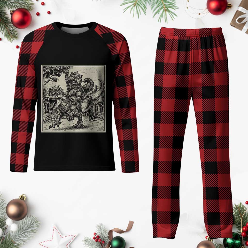 Cool Royal Cat Riding Dinosaur Plaid Pajama Set Rock N Roll Engraving Graphic Art