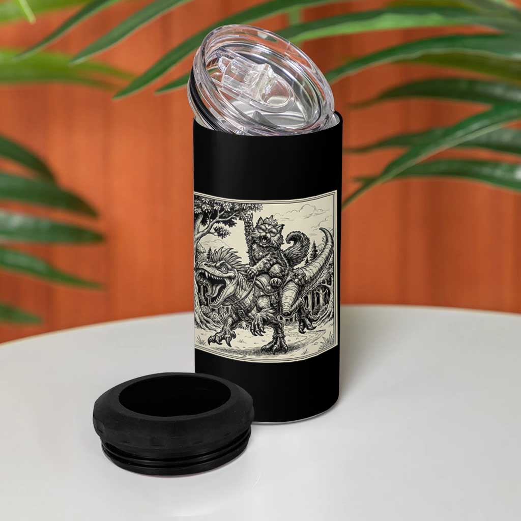 Cool Royal Cat Riding Dinosaur 4 in 1 Can Cooler Tumbler Rock N Roll Engraving Graphic Art