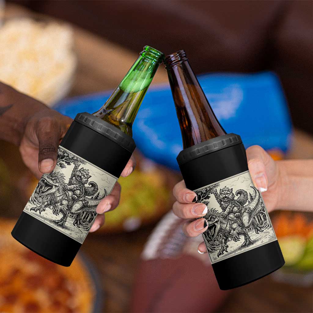 Cool Royal Cat Riding Dinosaur 4 in 1 Can Cooler Tumbler Rock N Roll Engraving Graphic Art