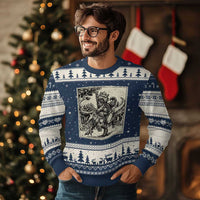 Cool Royal Cat Riding Dinosaur Ugly Christmas Sweater Rock N Roll Engraving Graphic Art