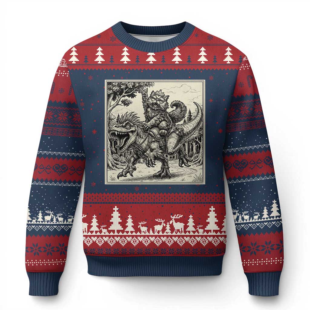 Cool Royal Cat Riding Dinosaur Ugly Christmas Sweater Rock N Roll Engraving Graphic Art