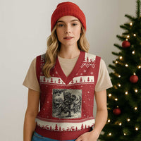 Cool Royal Cat Riding Dinosaur V-Neck Knit Sweater Vest Rock N Roll Engraving Graphic Art