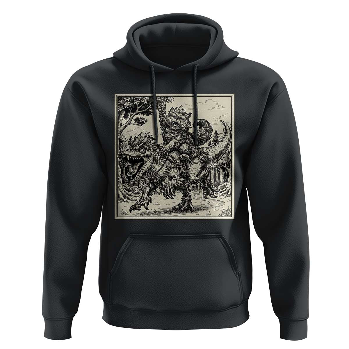 Cool Royal Cat Riding Dinosaur Hoodie Rock N Roll Engraving Graphic Art
