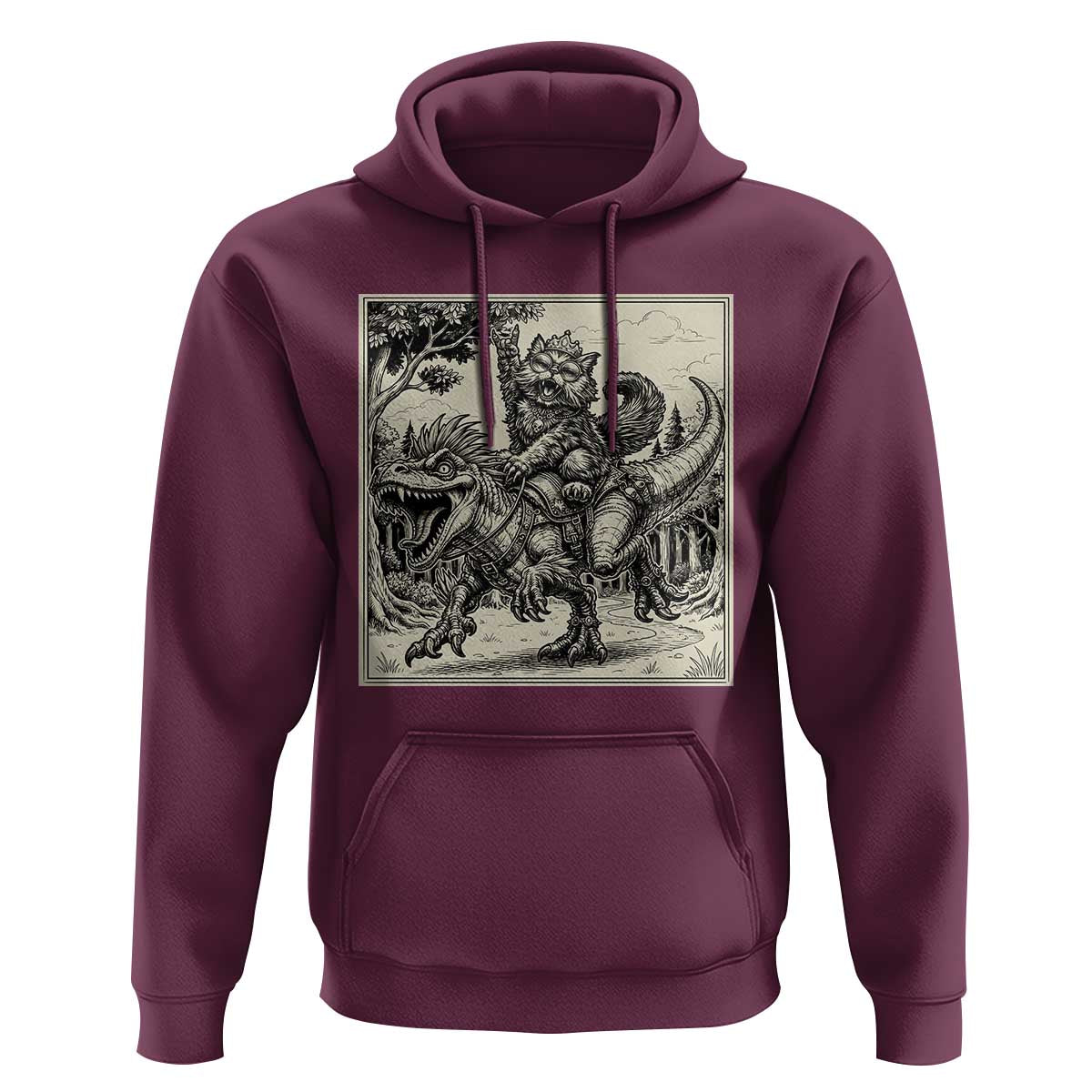 Cool Royal Cat Riding Dinosaur Hoodie Rock N Roll Engraving Graphic Art