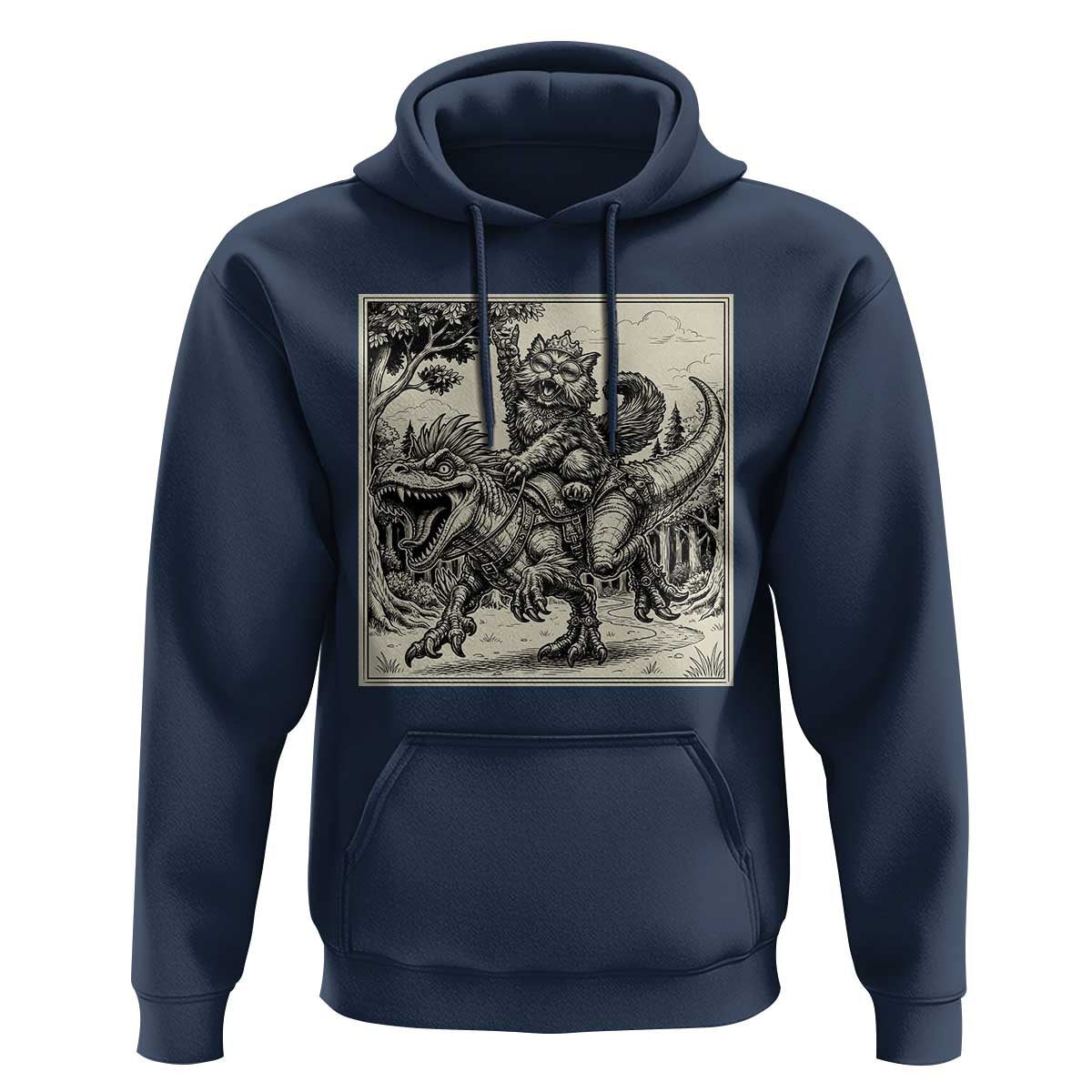 Cool Royal Cat Riding Dinosaur Hoodie Rock N Roll Engraving Graphic Art