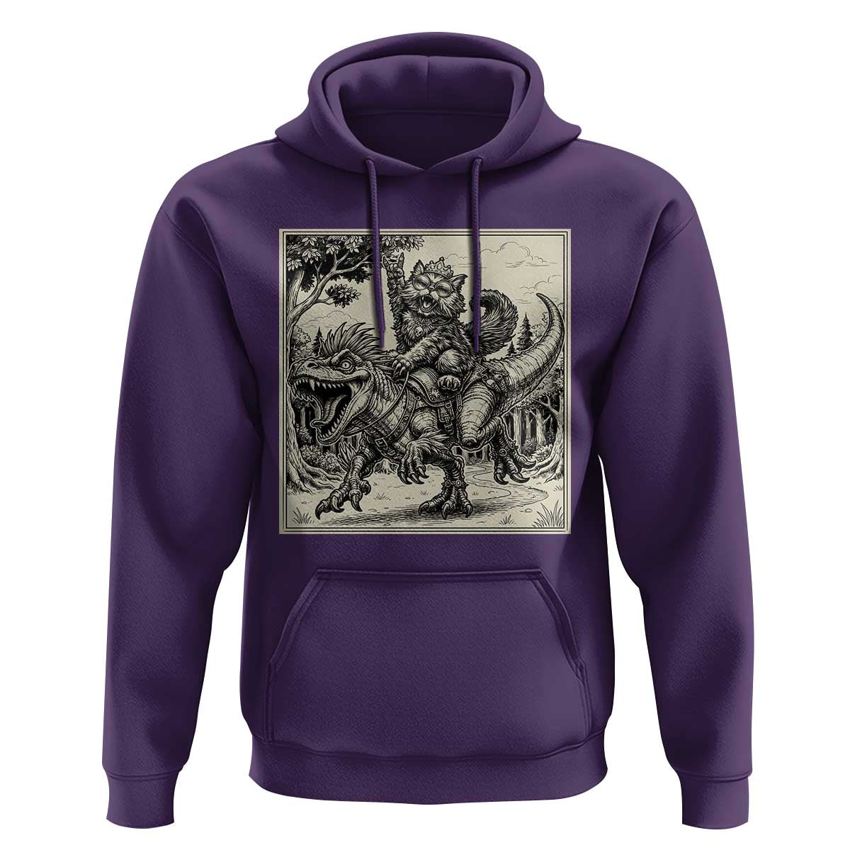 Cool Royal Cat Riding Dinosaur Hoodie Rock N Roll Engraving Graphic Art