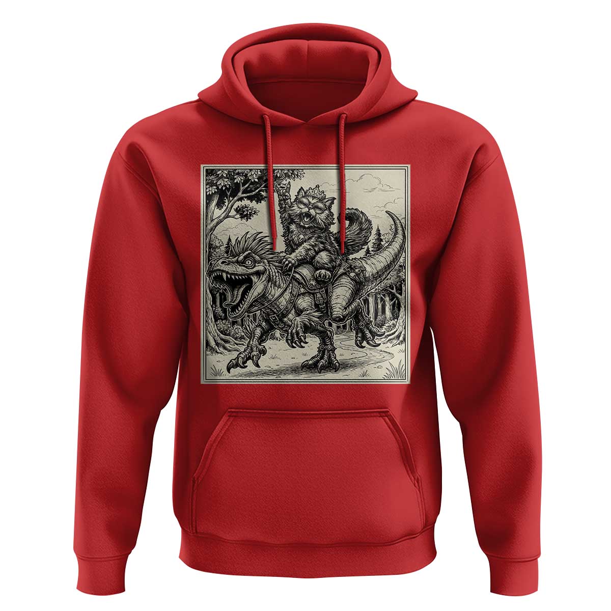 Cool Royal Cat Riding Dinosaur Hoodie Rock N Roll Engraving Graphic Art