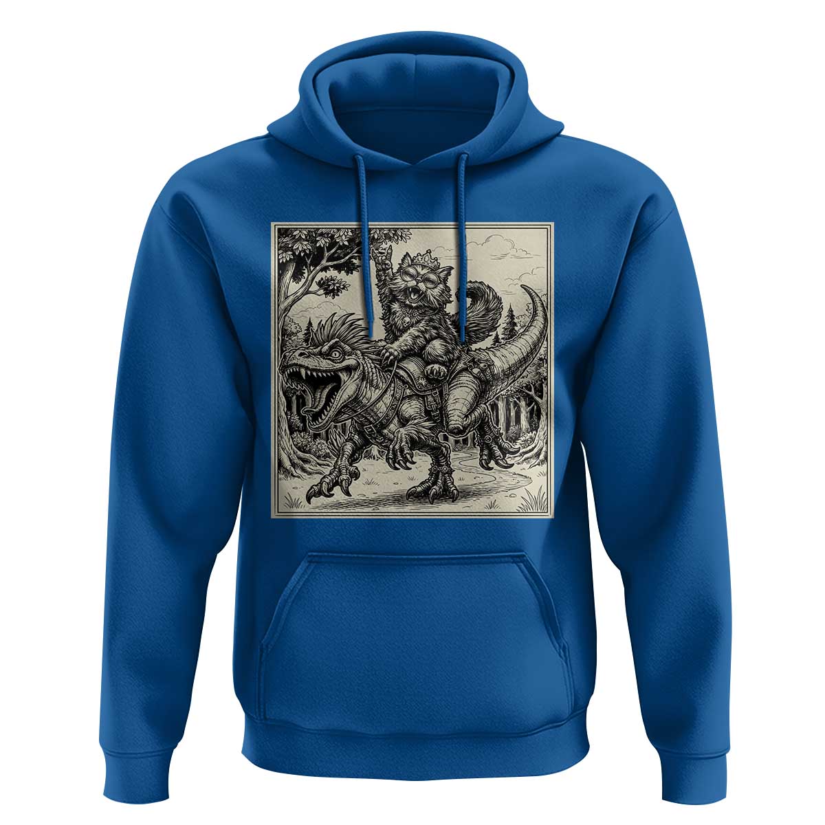 Cool Royal Cat Riding Dinosaur Hoodie Rock N Roll Engraving Graphic Art