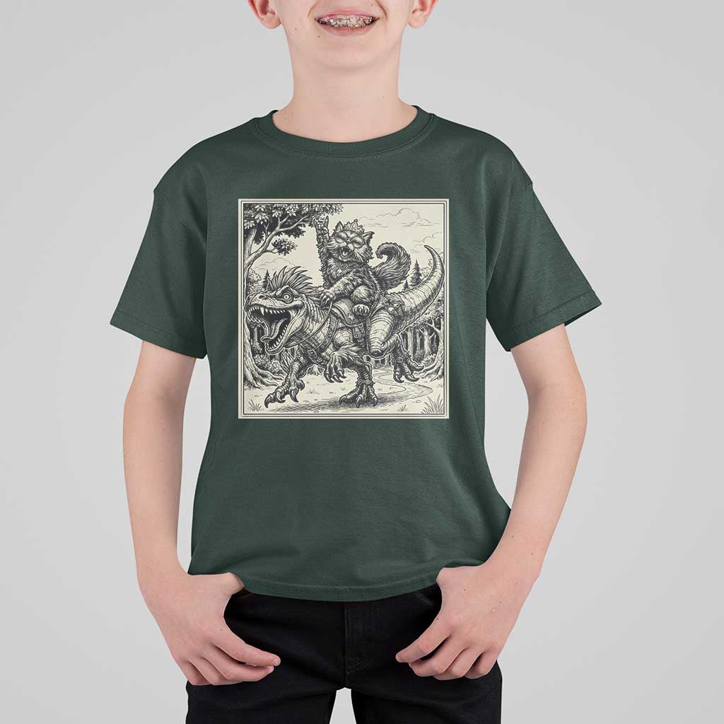 Cool Royal Cat Riding Dinosaur T Shirt For Kid Rock N Roll Engraving Graphic Art