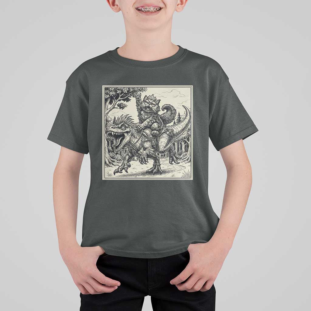 Cool Royal Cat Riding Dinosaur T Shirt For Kid Rock N Roll Engraving Graphic Art