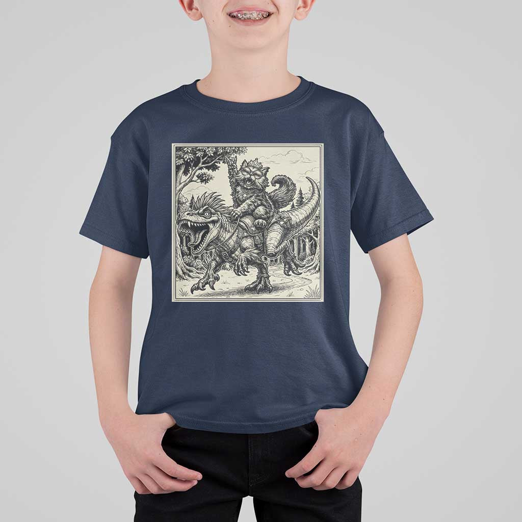 Cool Royal Cat Riding Dinosaur T Shirt For Kid Rock N Roll Engraving Graphic Art
