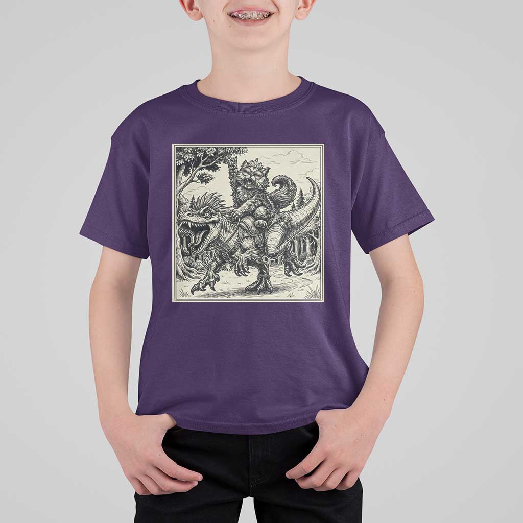 Cool Royal Cat Riding Dinosaur T Shirt For Kid Rock N Roll Engraving Graphic Art