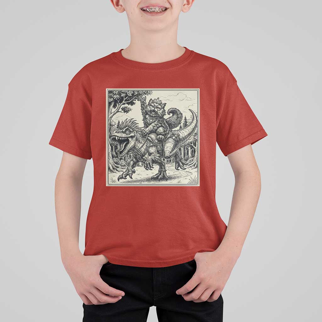 Cool Royal Cat Riding Dinosaur T Shirt For Kid Rock N Roll Engraving Graphic Art