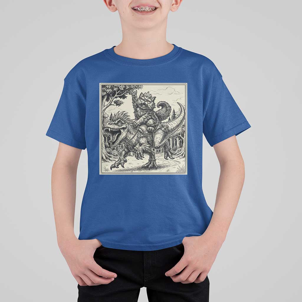 Cool Royal Cat Riding Dinosaur T Shirt For Kid Rock N Roll Engraving Graphic Art