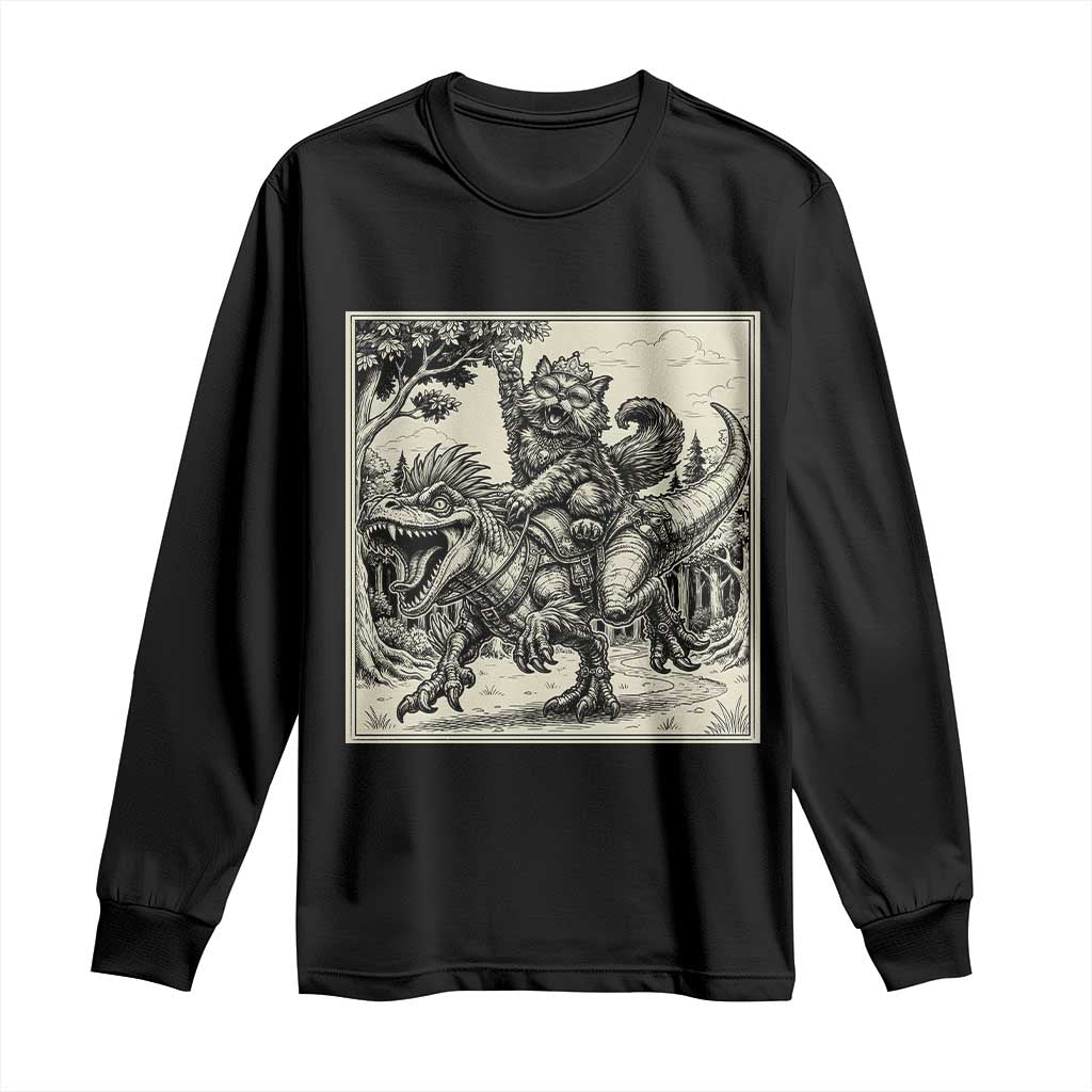 Cool Royal Cat Riding Dinosaur Long Sleeve Shirt Rock N Roll Engraving Graphic Art