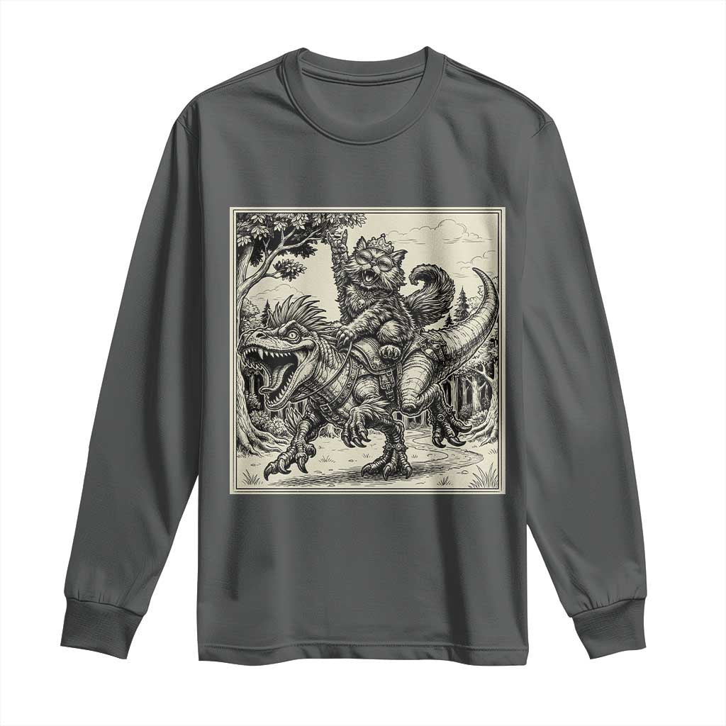 Cool Royal Cat Riding Dinosaur Long Sleeve Shirt Rock N Roll Engraving Graphic Art