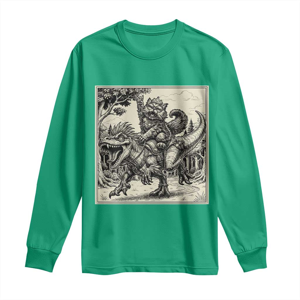 Cool Royal Cat Riding Dinosaur Long Sleeve Shirt Rock N Roll Engraving Graphic Art
