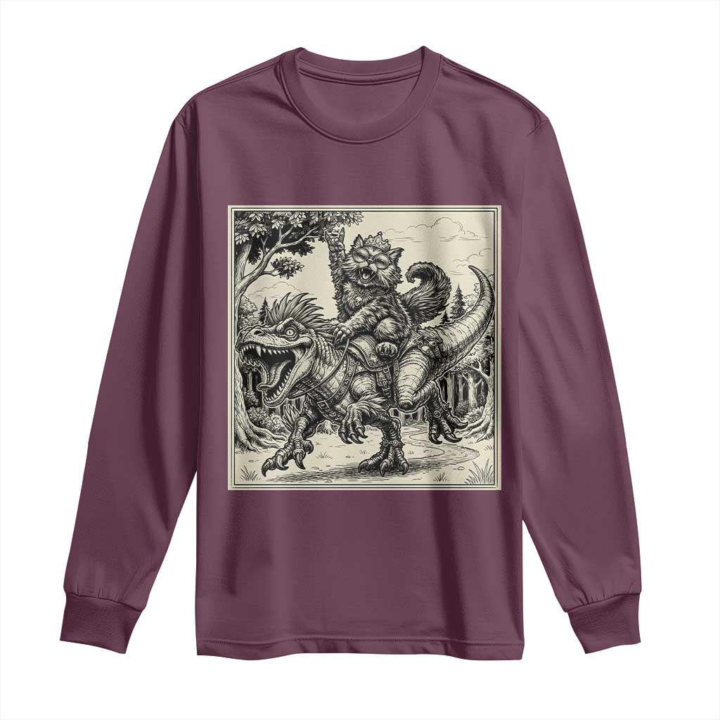 Cool Royal Cat Riding Dinosaur Long Sleeve Shirt Rock N Roll Engraving Graphic Art