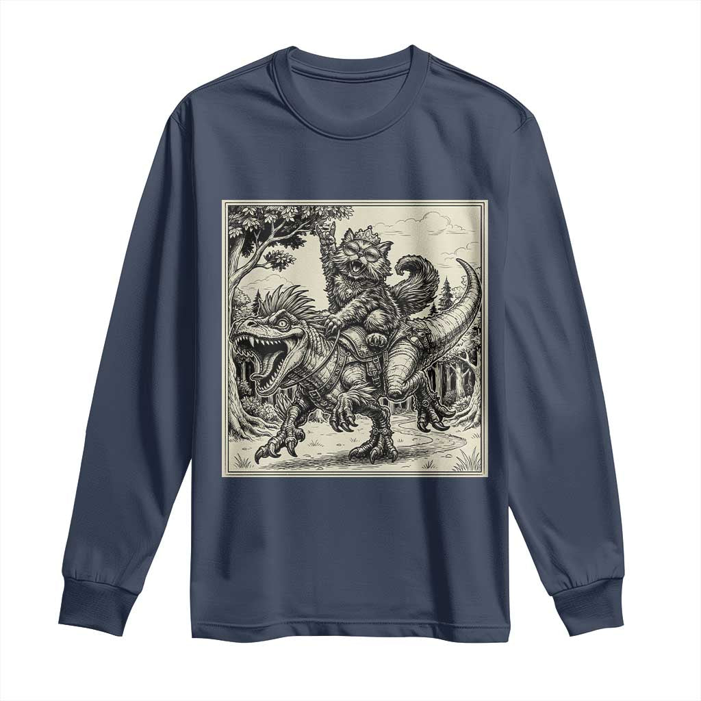 Cool Royal Cat Riding Dinosaur Long Sleeve Shirt Rock N Roll Engraving Graphic Art