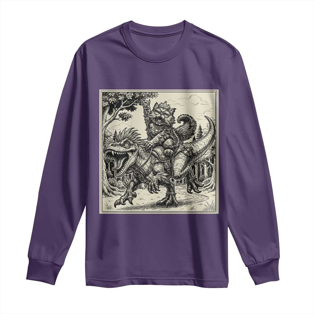 Cool Royal Cat Riding Dinosaur Long Sleeve Shirt Rock N Roll Engraving Graphic Art