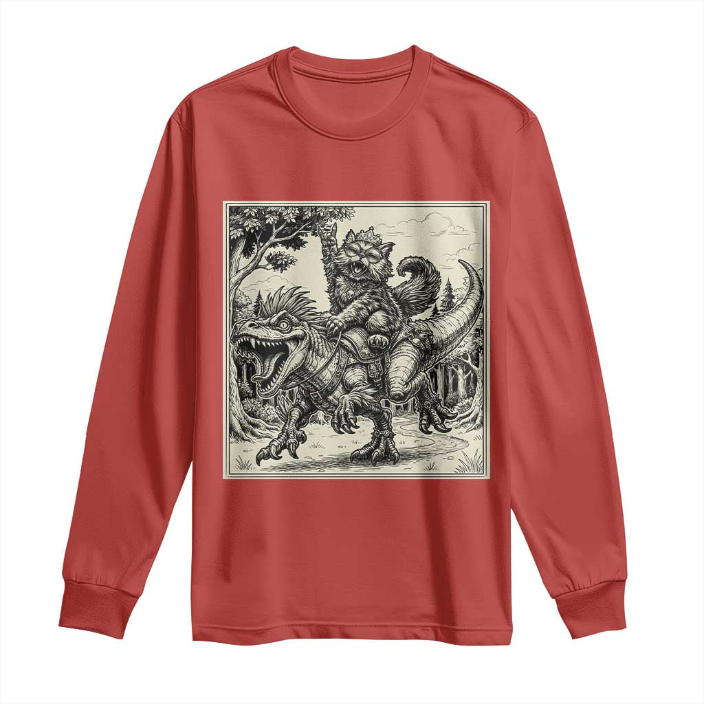 Cool Royal Cat Riding Dinosaur Long Sleeve Shirt Rock N Roll Engraving Graphic Art