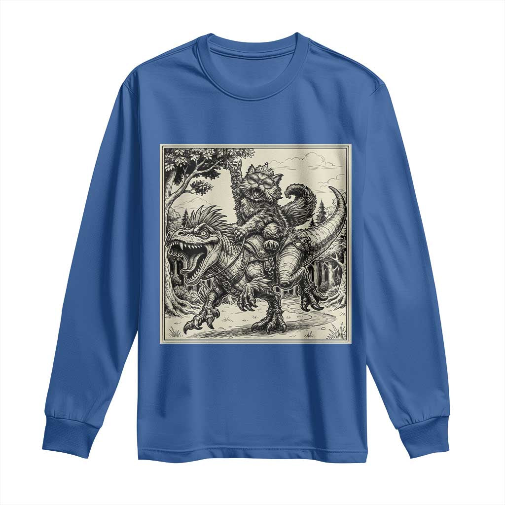 Cool Royal Cat Riding Dinosaur Long Sleeve Shirt Rock N Roll Engraving Graphic Art