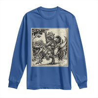Cool Royal Cat Riding Dinosaur Long Sleeve Shirt Rock N Roll Engraving Graphic Art