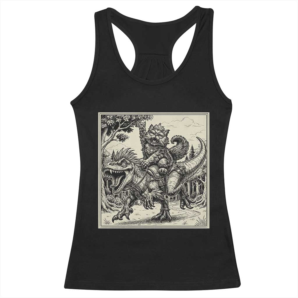 Cool Royal Cat Riding Dinosaur Racerback Tank Top Rock N Roll Engraving Graphic Art