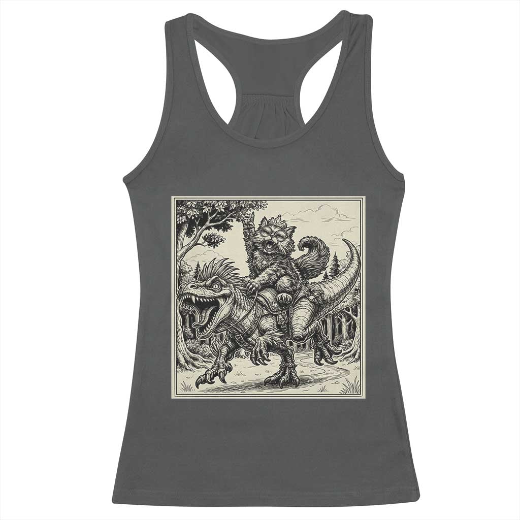 Cool Royal Cat Riding Dinosaur Racerback Tank Top Rock N Roll Engraving Graphic Art