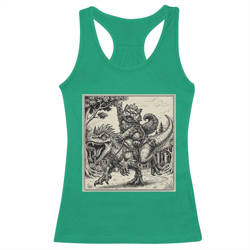 Cool Royal Cat Riding Dinosaur Racerback Tank Top Rock N Roll Engraving Graphic Art