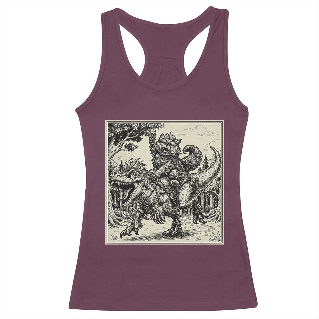 Cool Royal Cat Riding Dinosaur Racerback Tank Top Rock N Roll Engraving Graphic Art