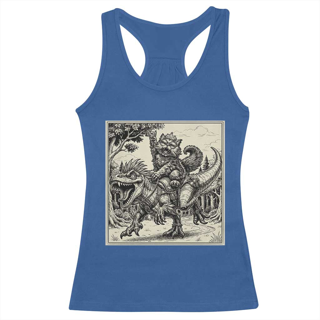 Cool Royal Cat Riding Dinosaur Racerback Tank Top Rock N Roll Engraving Graphic Art