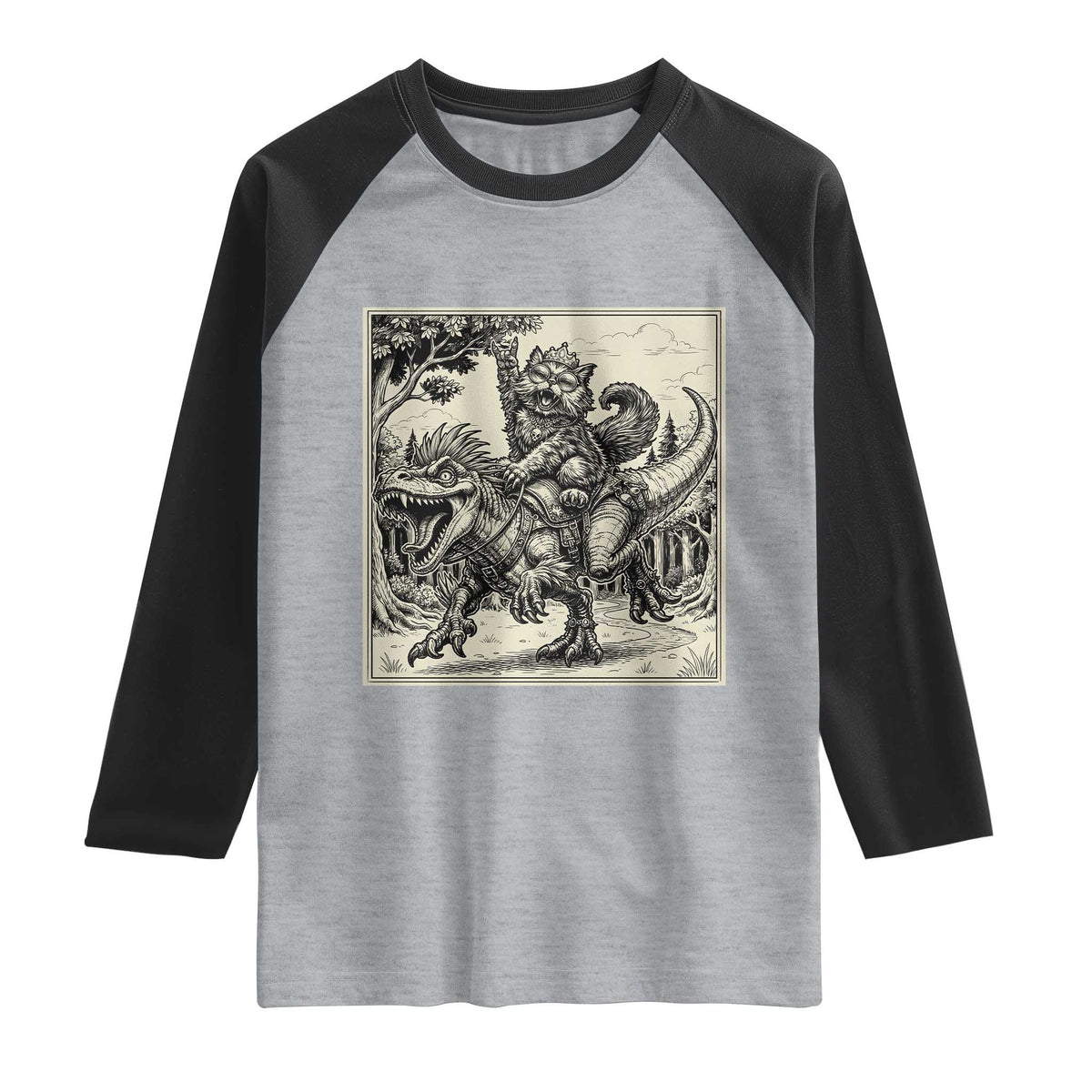 Cool Royal Cat Riding Dinosaur Raglan Shirt Rock N Roll Engraving Graphic Art