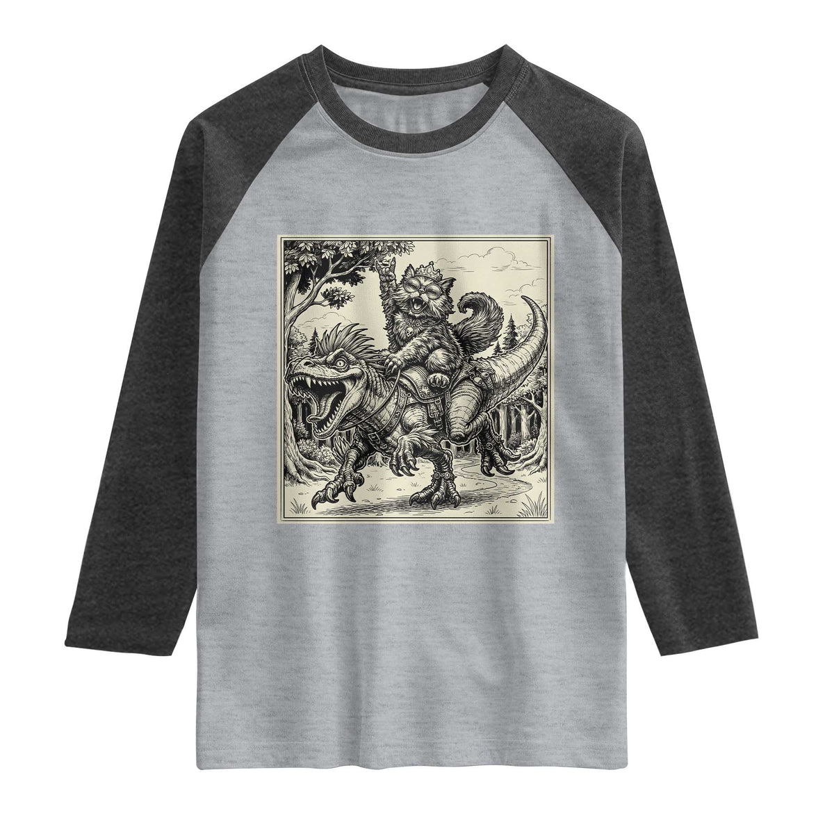 Cool Royal Cat Riding Dinosaur Raglan Shirt Rock N Roll Engraving Graphic Art